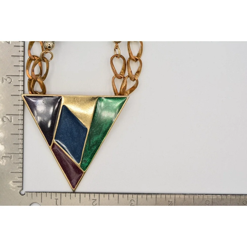 Vintage Multicolor Enamel Geometric Triangle Statement Necklace Gold Beaded BinY